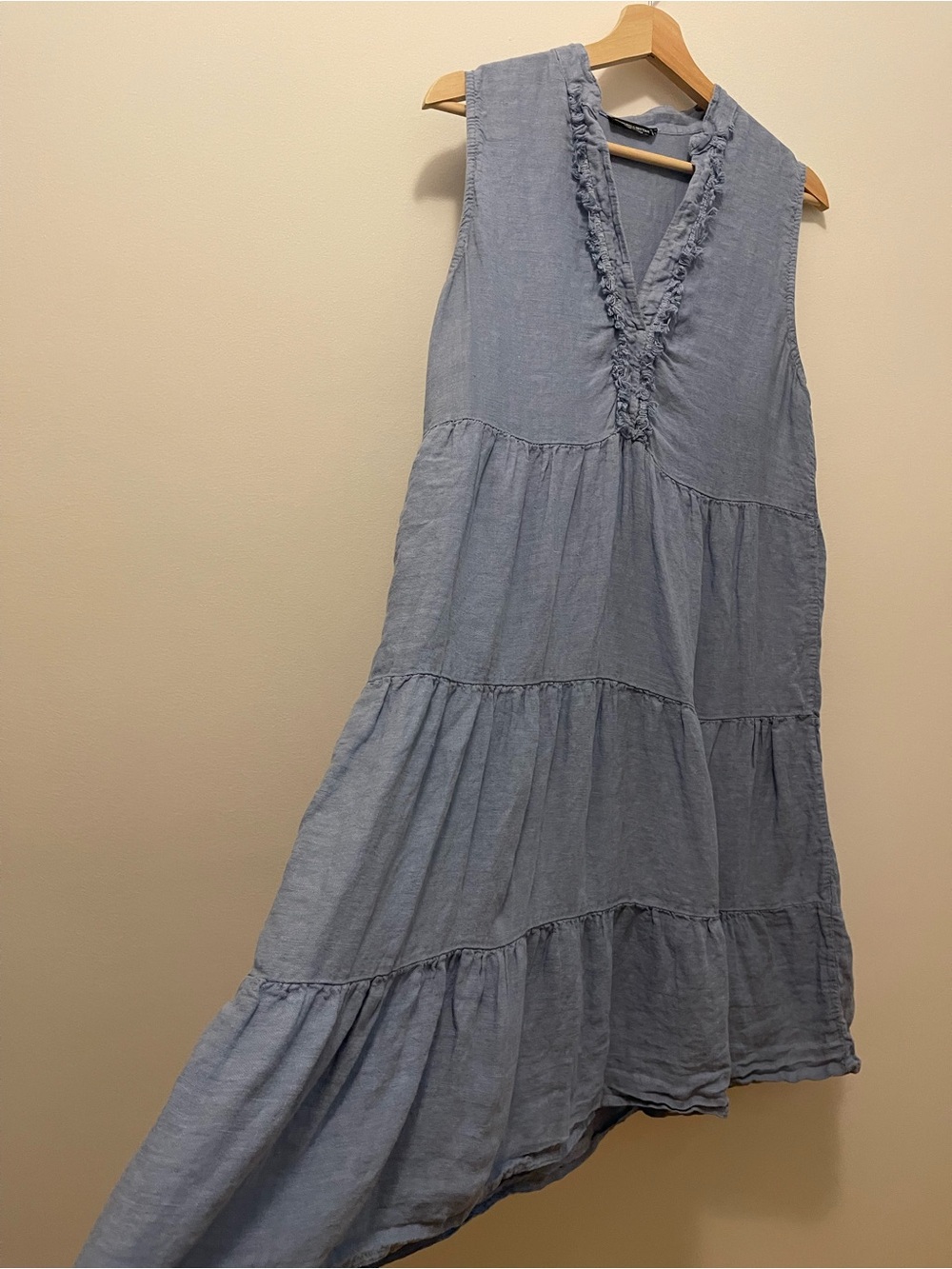 Linen Sleeveless Tiered Midi Dress in Light Blue - Picture 2 of 8
